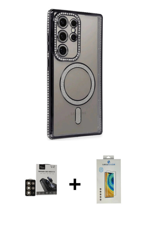 Galaxy S24 Ultra Kılıf Zirve Doku Prime - Siyah Polymer Nano Ekran Koruyucu + Gold PVD Metal Ka
