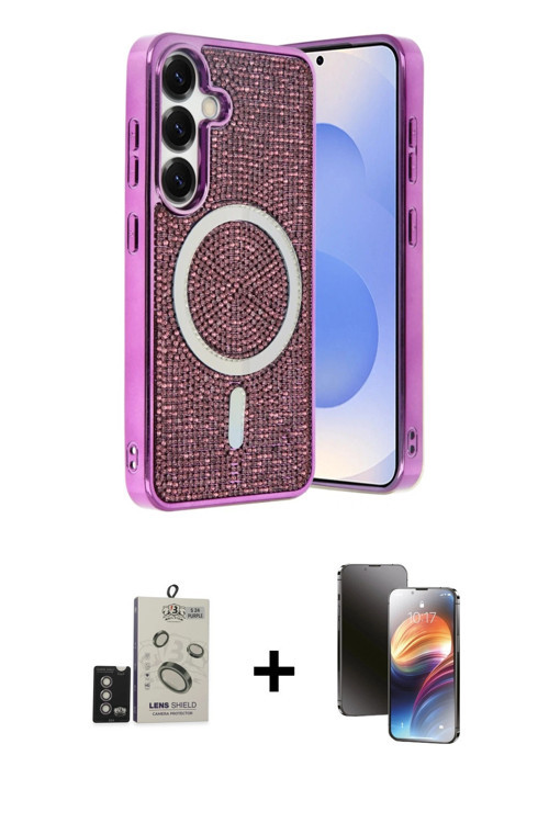 Galaxy S24 Kılıf Eksen Çizgi - Siyah 3D Antistatik Mat Seramik Nano Ekran Koruyucu + Derin Mor