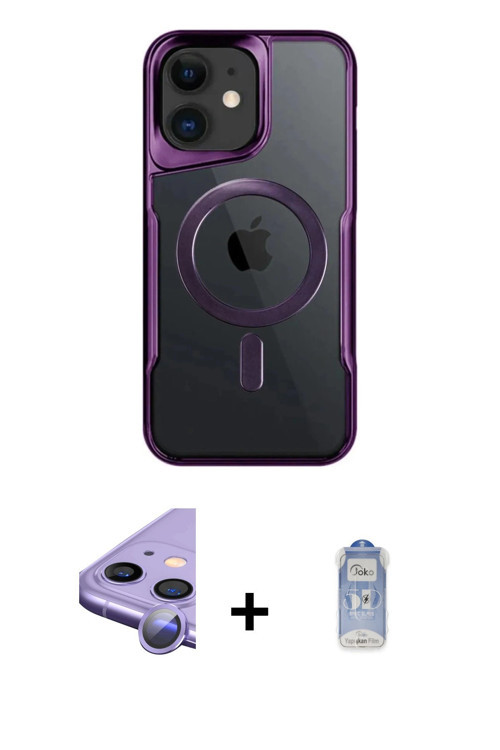 iPhone 11 Kılıf Yadigar Klasik Özel Seri - Siyah Joko Magic 5D Cam + Mor Raze Metal Kamera Lens