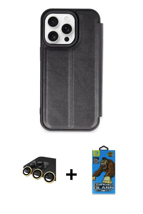 iPhone 14 Pro Max Kılıf Zirve Yansıma Serisi - Siyah 18D Cam Ekran Koruyucu + Gold Raze Metal K