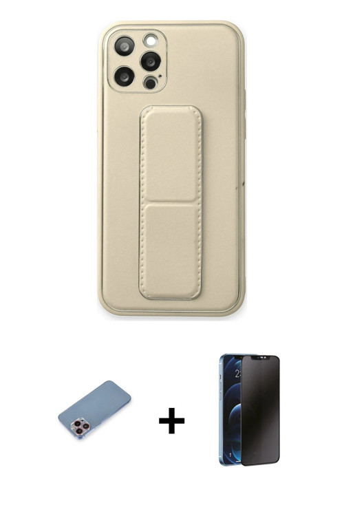 iPhone 12 Pro Kılıf Akış Doku - Siyah 3D Antistatik Hayalet Cam Ekran Koruyucu + Pembe Shine Ka