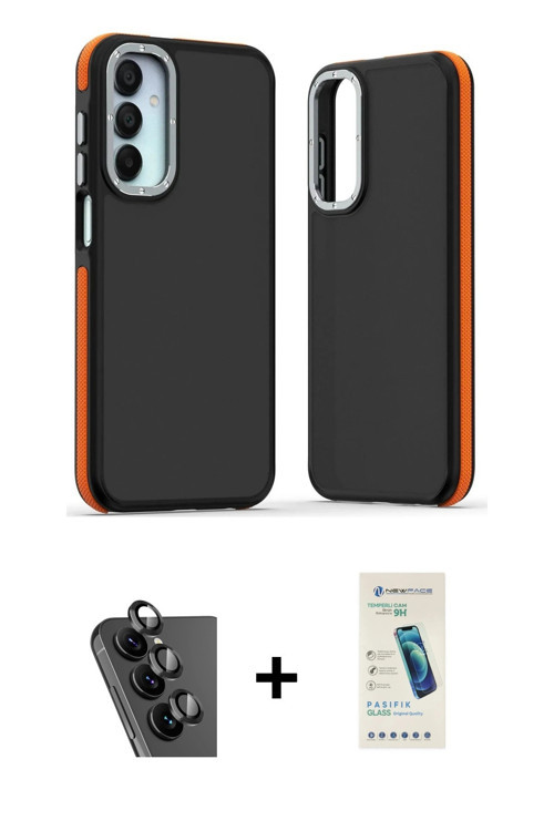 Galaxy A25 5G Kılıf Eksen Işık - Şeffaf Pasifik Cam Ekran Koruyucu + Siyah Valdez Metal Kamera