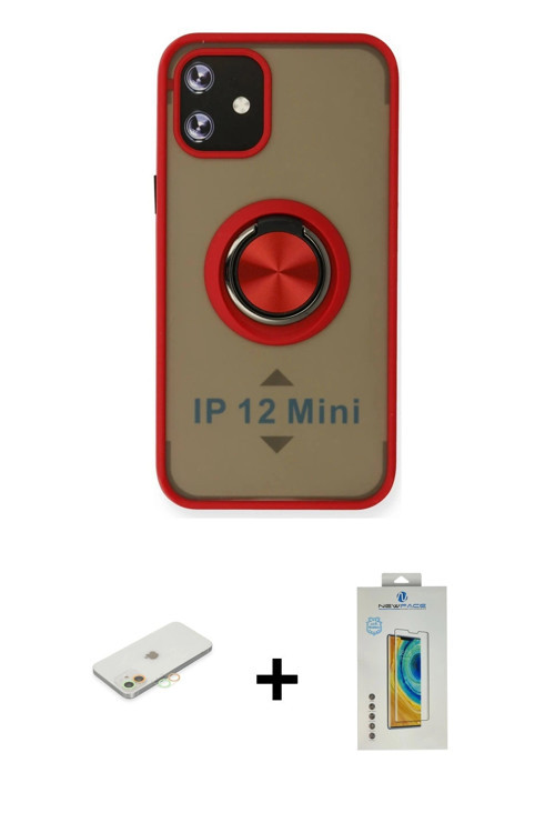 iPhone 12 Mini Kılıf Yörünge Çizgi - Siyah Polymer Nano Ekran Koruyucu + Turuncu Renkli Kamera