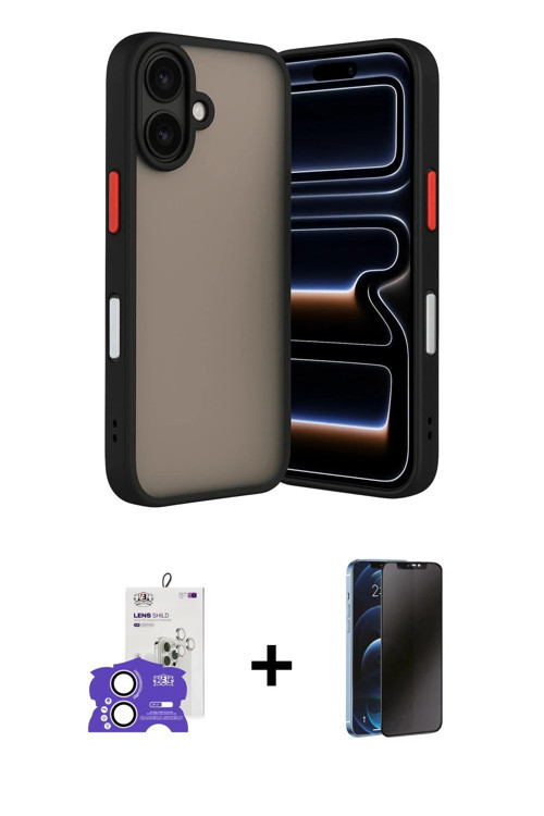 iPhone 17 Kılıf Ahenk Çizgi Serisi - Siyah 3D Antistatik Hayalet Cam Ekran Koruyucu + Lila Bilv