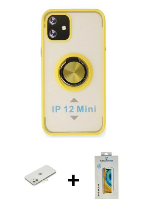iPhone 12 Mini Kılıf Yörünge Çizgi - Siyah Polymer Nano Ekran Koruyucu + Turuncu Renkli Kamera