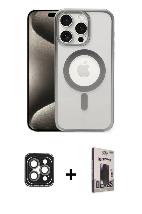 iPhone 15 Pro Max Kılıf Siluet Çizgi Serisi - Siyah Bilvis Hayalet Cam Ekran Koruyucu + Gri PVD