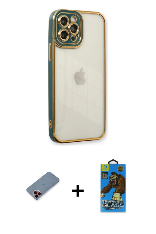iPhone 12 Pro Max Kılıf Çekirdek Klasik Serisi - Siyah 18D Cam Ekran Koruyucu + Kırmızı Metal K