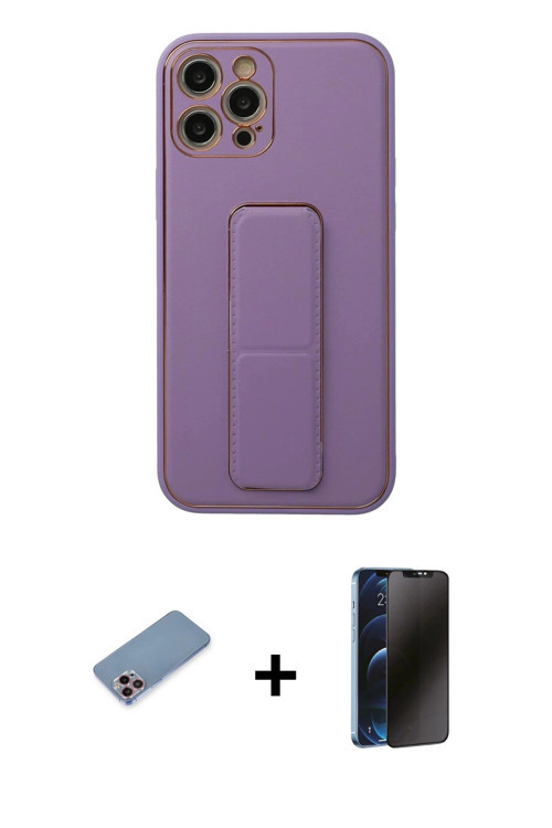 iPhone 12 Pro Kılıf Akış Doku - Siyah 3D Antistatik Hayalet Cam Ekran Koruyucu + Pembe Shine Ka