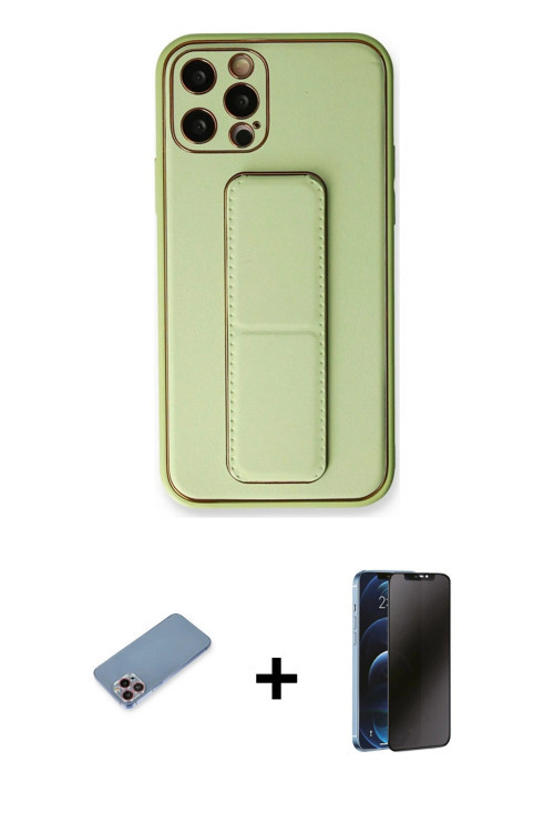iPhone 12 Pro Kılıf Akış Doku - Siyah 3D Antistatik Hayalet Cam Ekran Koruyucu + Pembe Shine Ka