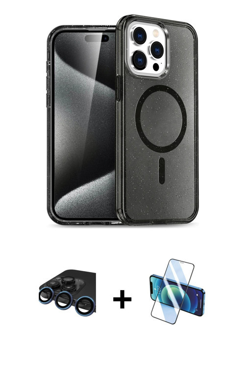 iPhone 15 Pro Max Kılıf Nova Asil Prime - Siyah 3D Antistatik Cam Ekran Koruyucu + Lacivert Raz