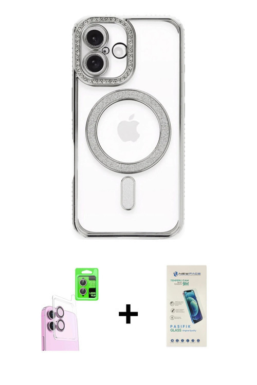 iPhone 16 Plus Kılıf Zirve Doku Prime - Şeffaf Pasifik Cam Ekran Koruyucu + Pembe Raze Metal Ka