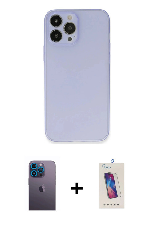iPhone 13 Pro Max Kılıf Atlas Minimal Prime - Siyah Joko 5D Cam + Mavi Neon Fosforlu Kamera Len