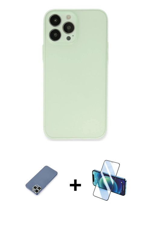 iPhone 13 Pro Max Kılıf Atlas Minimal Prime - Siyah 3D Antistatik Cam Ekran Koruyucu + Açık Yeş