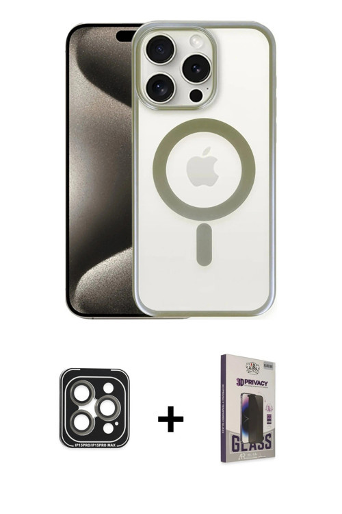 iPhone 15 Pro Max Kılıf Siluet Çizgi Serisi - Siyah Bilvis Hayalet Cam Ekran Koruyucu + Gri PVD