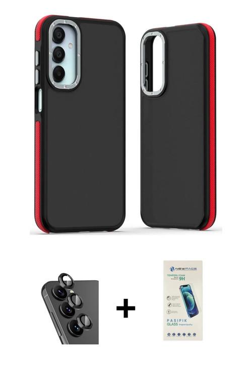 Galaxy A25 5G Kılıf Eksen Işık - Şeffaf Pasifik Cam Ekran Koruyucu + Siyah Valdez Metal Kamera