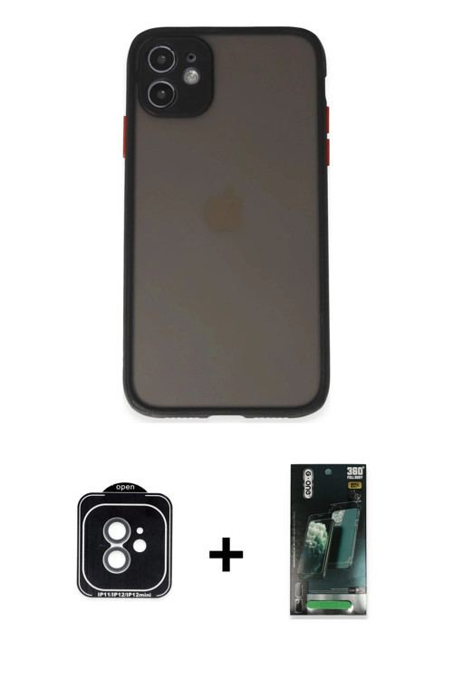 iPhone 11 Kılıf Ahenk Çizgi Serisi - Şeffaf 360 Full Body Arka Koruyucu + Yeşil PVD Metal Kamer