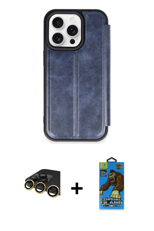 iPhone 14 Pro Max Kılıf Zirve Yansıma Serisi - Siyah 18D Cam Ekran Koruyucu + Gold Raze Metal K