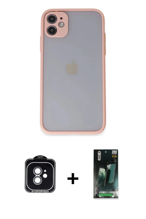 iPhone 11 Kılıf Ahenk Çizgi Serisi - Şeffaf 360 Full Body Arka Koruyucu + Yeşil PVD Metal Kamer