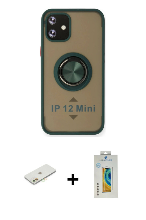 iPhone 12 Mini Kılıf Yörünge Çizgi - Siyah Polymer Nano Ekran Koruyucu + Turuncu Renkli Kamera