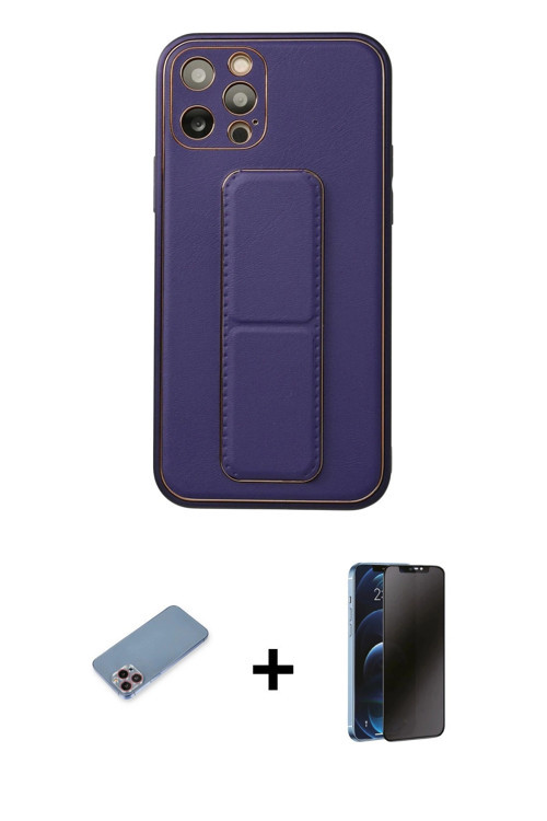 iPhone 12 Pro Kılıf Akış Doku - Siyah 3D Antistatik Hayalet Cam Ekran Koruyucu + Pembe Shine Ka