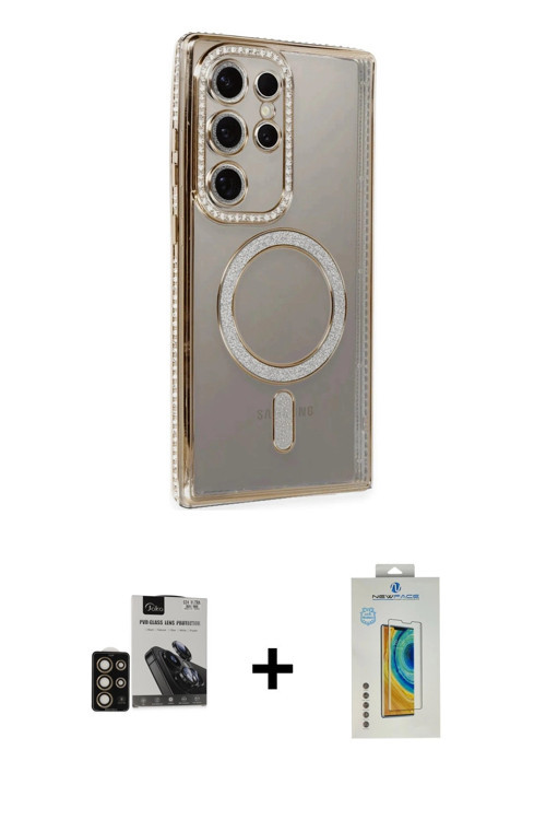 Galaxy S24 Ultra Kılıf Zirve Doku Prime - Siyah Polymer Nano Ekran Koruyucu + Gold PVD Metal Ka