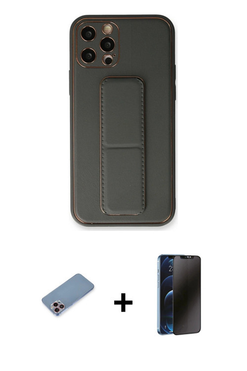 iPhone 12 Pro Kılıf Akış Doku - Siyah 3D Antistatik Hayalet Cam Ekran Koruyucu + Pembe Shine Ka