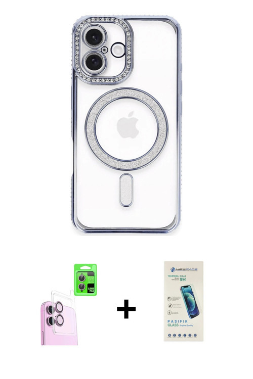 iPhone 16 Plus Kılıf Zirve Doku Prime - Şeffaf Pasifik Cam Ekran Koruyucu + Pembe Raze Metal Ka