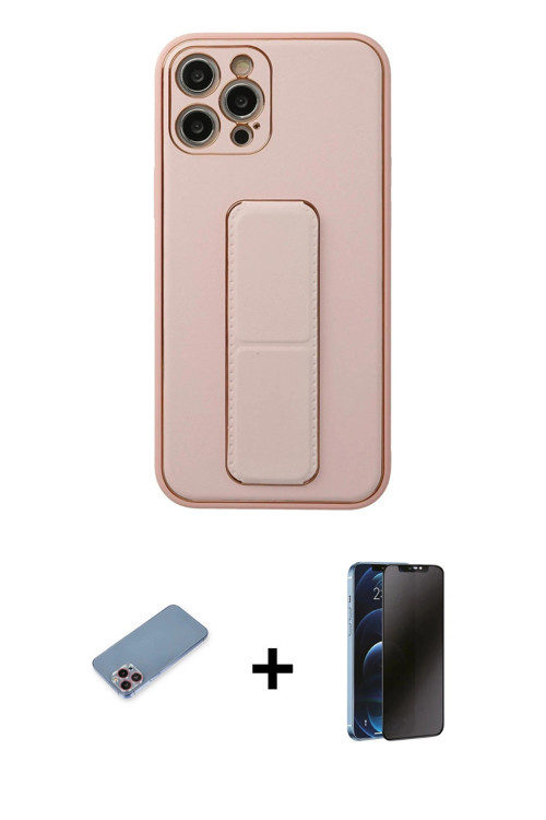 iPhone 12 Pro Kılıf Akış Doku - Siyah 3D Antistatik Hayalet Cam Ekran Koruyucu + Pembe Shine Ka