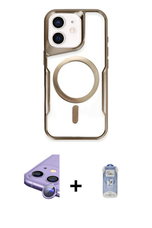 iPhone 11 Kılıf Yadigar Klasik Özel Seri - Siyah Joko Magic 5D Cam + Mor Raze Metal Kamera Lens