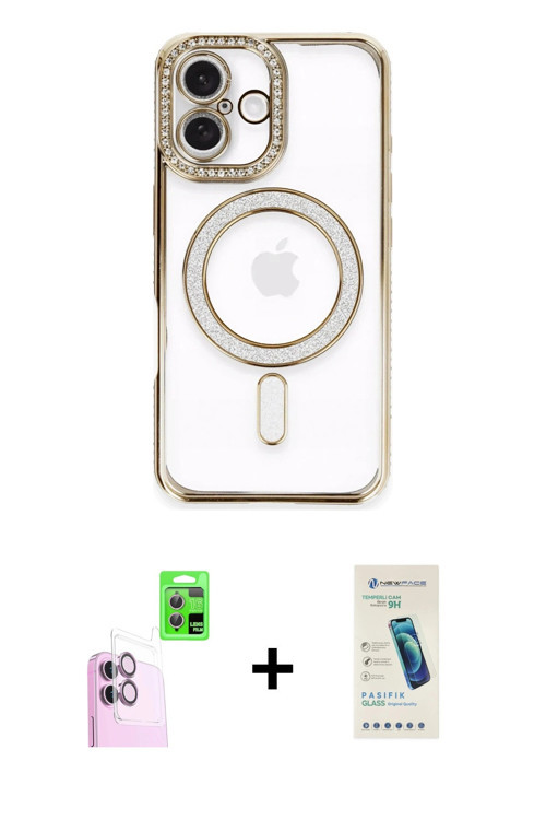 iPhone 16 Plus Kılıf Zirve Doku Prime - Şeffaf Pasifik Cam Ekran Koruyucu + Pembe Raze Metal Ka