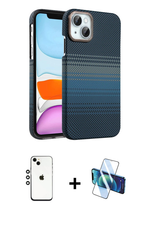 iPhone 14 Kılıf Doruk Serisi - Siyah 3D Antistatik Cam Ekran Koruyucu + Gümüş Shine Kamera Lens