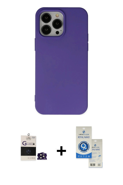 iPhone 14 Pro Max Kılıf Ahenk Serisi - Şeffaf Royal Nano Ekran Koruyucu + Derin Mor Bilvis Tita
