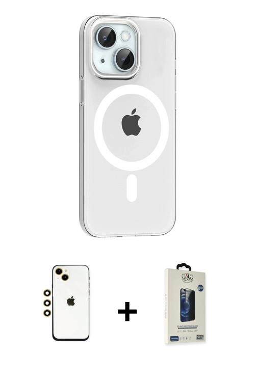iPhone 14 Kılıf Pusula Form Özel Seri - Siyah Bilvis Hayalet Cam Ekran Koruyucu + Gold Shine Ka