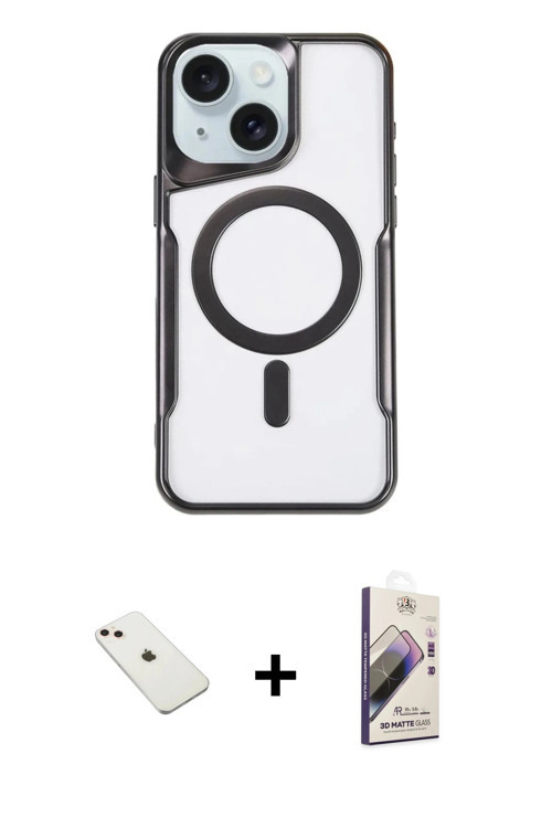 iPhone 14 Kılıf Yadigar Klasik Özel Seri - Siyah Bilvis 3D Mat Cam Ekran Koruyucu + Pembe Diamo