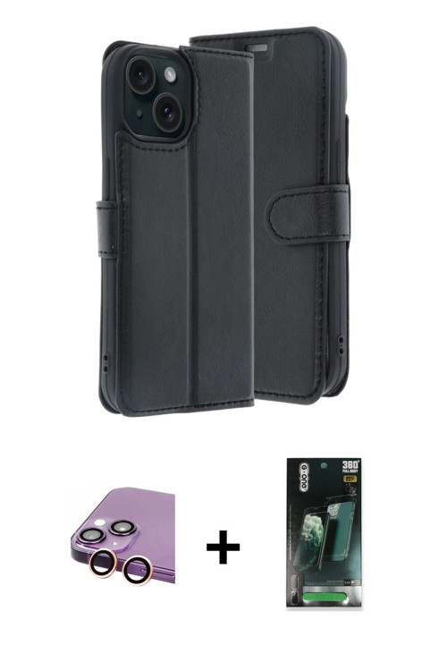 iPhone 15 Kılıf Siluet Işık Serisi - Siyah 360 Mat Full Body Arka Koruyucu + Pembe Raze Metal K