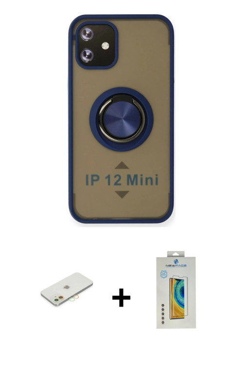 iPhone 12 Mini Kılıf Yörünge Çizgi - Siyah Polymer Nano Ekran Koruyucu + Turuncu Renkli Kamera
