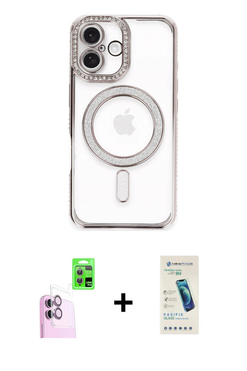 iPhone 16 Plus Kılıf Zirve Doku Prime - Şeffaf Pasifik Cam Ekran Koruyucu + Pembe Raze Metal Ka
