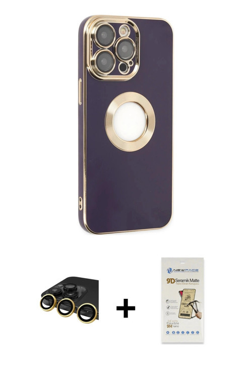 iPhone 14 Pro Kılıf İz Form Serisi - Siyah Mat Seramik Nano Ekran Koruyucu + Gold Raze Metal Ka