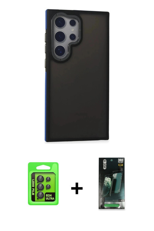 Galaxy S24 Ultra Kılıf Eksen Işık - Şeffaf 360 Full Body Arka Koruyucu + Siyah Raze Metal Kamer