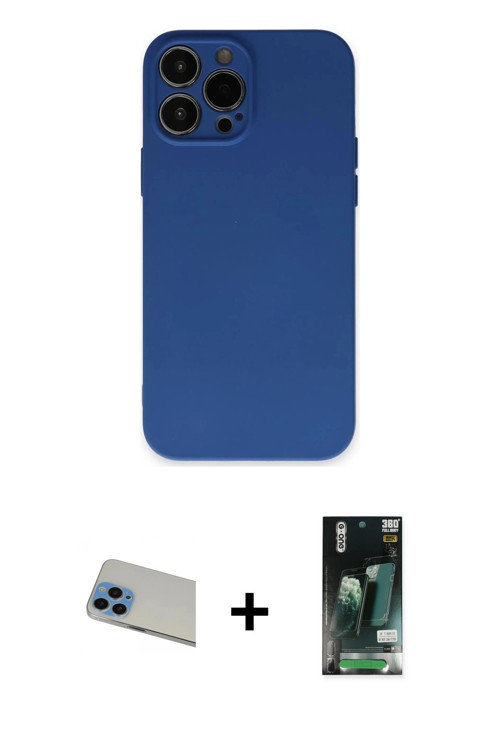 iPhone 13 Pro Max Kılıf Ahenk Serisi - Şeffaf 360 Full Body Arka Koruyucu + Mavi Rainbow Kamera