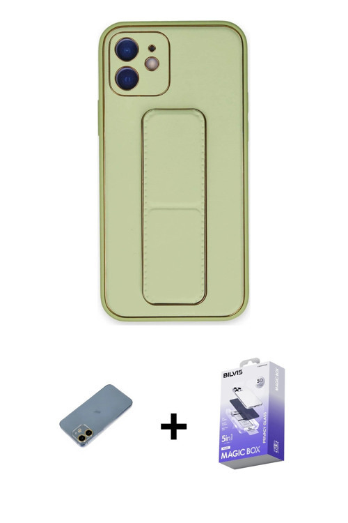 iPhone 12 Kılıf Akış Doku - Siyah Bilvis 5in1 5D Magic Hayalet Cam Ekran Koruyucu + Gold Shine