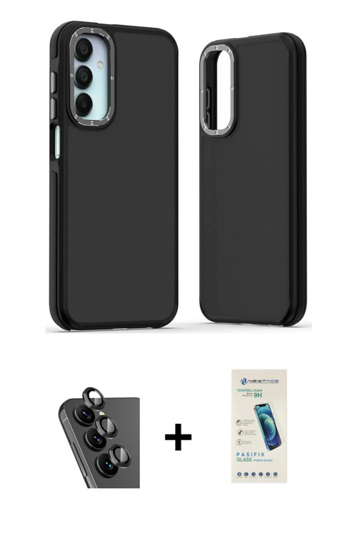 Galaxy A25 5G Kılıf Eksen Işık - Şeffaf Pasifik Cam Ekran Koruyucu + Siyah Valdez Metal Kamera