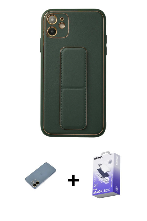iPhone 12 Kılıf Akış Doku - Siyah Bilvis 5in1 5D Magic Hayalet Cam Ekran Koruyucu + Gold Shine