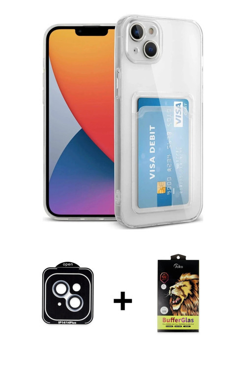 iPhone 14 Kılıf Doruk Klasik Koleksiyonu - Siyah Buffer Cam Ekran Koruyucu + Mavi PVD Metal Kam
