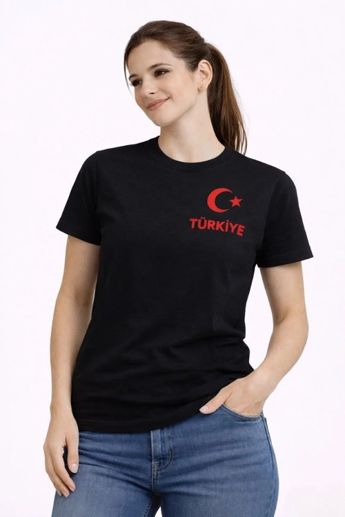 Kadın TÜRKİYE Ay Yıldız Baskılı Taraftar Forma T-Shirt - Siyah
