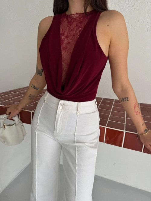 Kadın Dantel Detaylı Derin Dekolte Body Şık Kolsuz Yazlık Bodysuit - Bordo