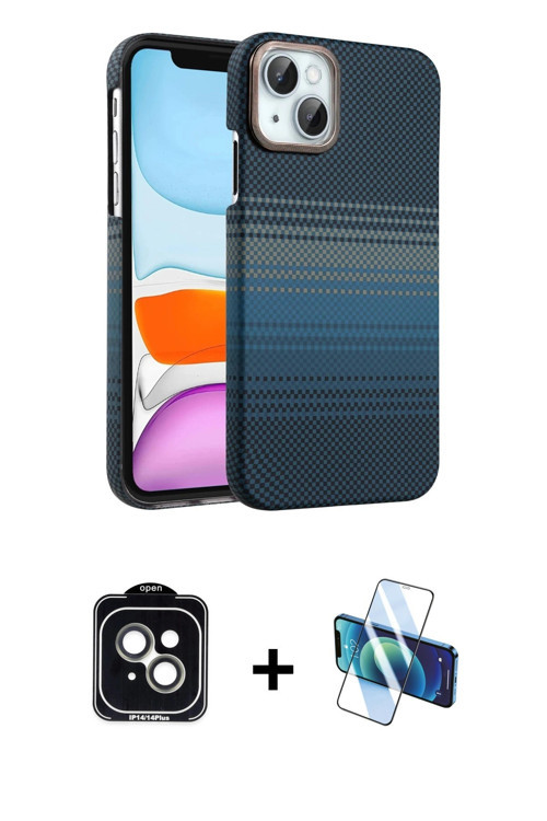 iPhone 14 Kılıf Doruk Serisi - Siyah 3D Antistatik Cam Ekran Koruyucu + Yeşil PVD Metal Kamera