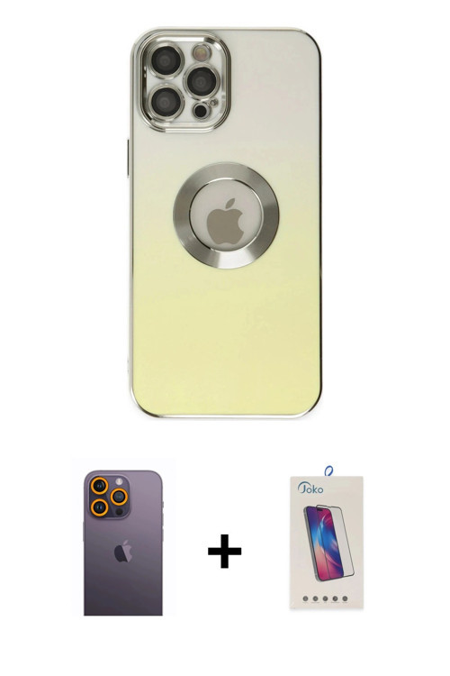 iPhone 12 Pro Max Kılıf Kutup Yansıma Özel Seri - Siyah Joko 5D Cam + Sarı Neon Fosforlu Kamera