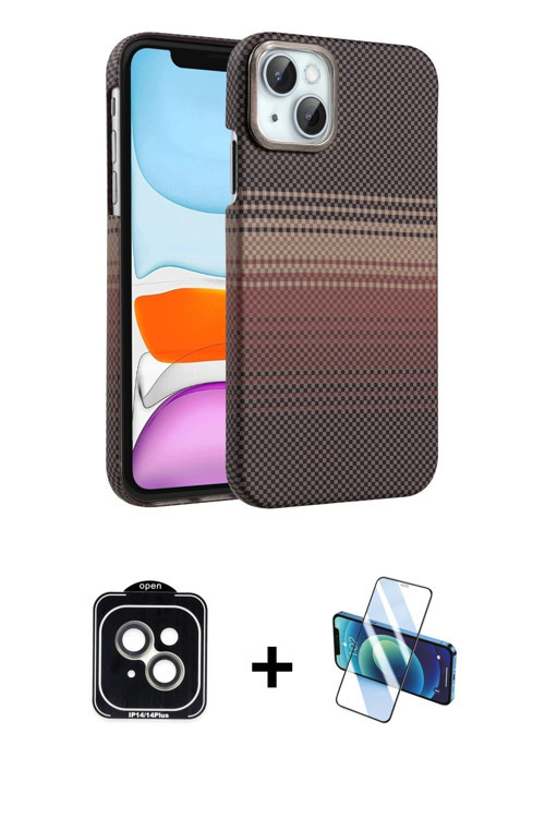 iPhone 14 Kılıf Doruk Serisi - Siyah 3D Antistatik Cam Ekran Koruyucu + Yeşil PVD Metal Kamera