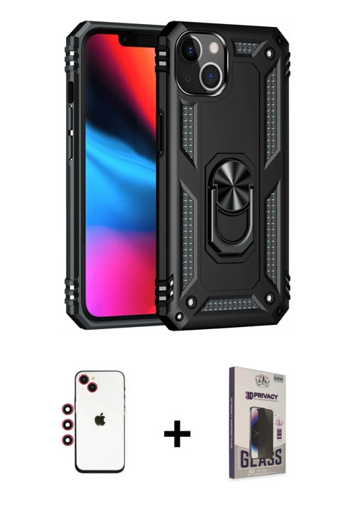 iPhone 14 Kılıf Ahenk Klasik Koleksiyonu - Siyah Bilvis Hayalet Cam Ekran Koruyucu + Kırmızı Sh